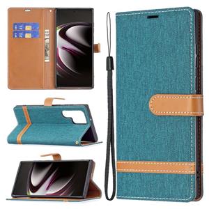 huismerk Voor Samsung Galaxy S22 Ultra 5G Kleur Matching Denim Texture Lederen Case met Houder & Card Slots & Portemonnee & Lanyard