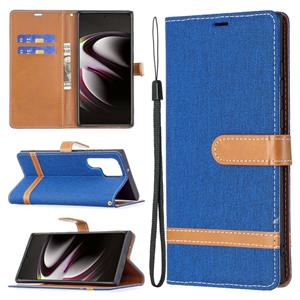 huismerk Voor Samsung Galaxy S22 Ultra 5G Kleur Matching Denim Texture Lederen Case met Houder & Card Slots & Wallet & Lanyard (Royal Blue)