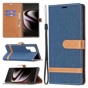 huismerk Voor Samsung Galaxy S22 Ultra 5G Kleur Matching Denim Textuur Lederen Case met Houder & Card Slots & Wallet & Lanyard (Dark Blue)