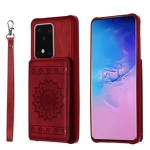 huismerk Voor Galaxy S20 Ultra Sun Flower Pattern Embossed Horizontal Drop-proof Mobile Phone Case with Card Slots & Wallet & Photo Holder & Stand Function(Red