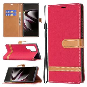 huismerk Voor Samsung Galaxy S22 Ultra 5G Kleur Matching Denim Texture Lederen Case met Houder & Card Slots & Wallet & Lanyard