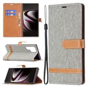 huismerk Voor Samsung Galaxy S22 Ultra 5G Kleur Matching Denim Texture Lederen Case met Houder & Card Slots & Wallet & Lanyard (Gray)