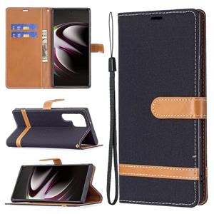 huismerk Voor Samsung Galaxy S22 Ultra 5G Kleur Matching Denim Texture Lederen Case met Houder & Card Slots & Wallet & Lanyard (Black)