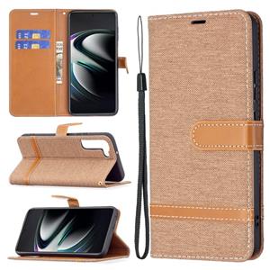 huismerk Voor Samsung Galaxy S22 + 5G Kleur Matching Denim Texture Lederen Case met Houder & Card Slots & Wallet & Lanyard (Brown)