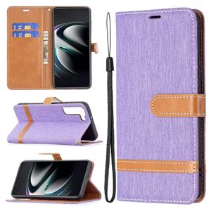 huismerk Voor Samsung Galaxy S22 + 5G Kleur Matching Denim Texture Lederen Case met Houder & Card Slots & Wallet & Lanyard (Purple)