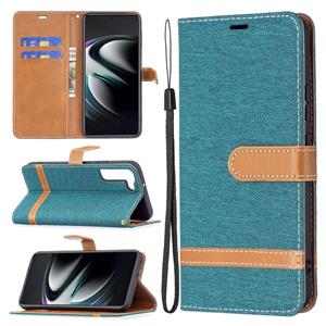 huismerk Voor Samsung Galaxy S22 + 5G Kleur Matching Denim Texture Lederen Case met Houder & Card Slots & Wallet & Lanyard