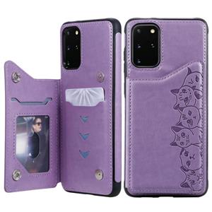 huismerk Voor Galaxy S20 Plus Six Cats Embossing Pattern Shockproof Protective Case met Card Slots & Photo Frame(Purple)