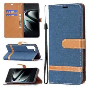 huismerk Voor Samsung Galaxy S22 + 5G Kleur Matching Denim Texture Lederen Case met Houder & Card Slots & Wallet & Lanyard (Dark Blue)