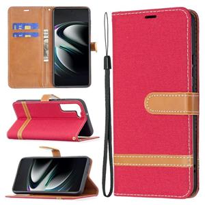 huismerk Voor Samsung Galaxy S22 + 5G Kleur Matching Denim Texture Lederen Case met Houder & Card Slots & Wallet & Lanyard