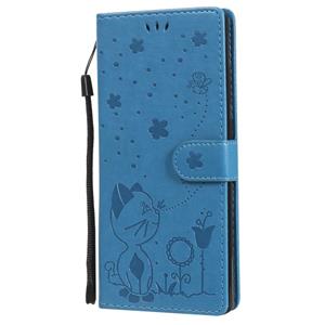 huismerk Voor Samsung Galaxy Note 20 Cat Bee Embossing Pattern Shockproof Horizontale Flip Lederen Case met Holder & Card Slots & Wallet(Blauw)