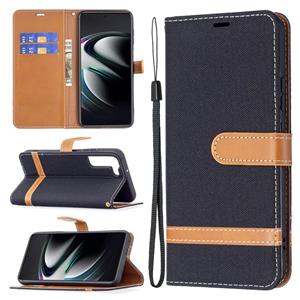 huismerk Voor Samsung Galaxy S22 + 5G Kleur Matching Denim Texture Lederen Case met Houder & Card Slots & Wallet & Lanyard (Zwart)