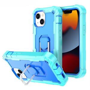 huismerk PC + Rubber 3-lagen schokbestendige beschermhoes met roterende houder voor iPhone 13 mini (mint groen + blauw)