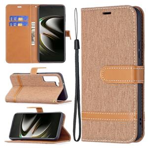 huismerk Voor Samsung Galaxy S22 5G Kleur Matching Denim Texture Lederen Case met Houder & Card Slots & Wallet & Lanyard (Brown)