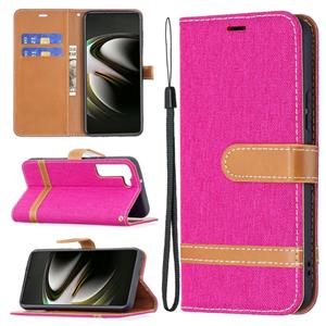 huismerk Voor Samsung Galaxy S22 5G Kleur Matching Denim Texture Lederen Case met Houder & Card Slots & Wallet & Lanyard (Rose Red)