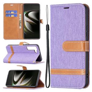 huismerk Voor Samsung Galaxy S22 5G Kleur Matching Denim Texture Lederen Case met Houder & Card Slots & Wallet & Lanyard (Purple)