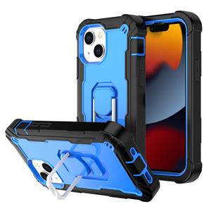 huismerk PC + Rubber 3-lagen schokbestendige beschermhoes met roterende houder voor iPhone 13 mini (zwart + blauw)