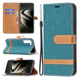 huismerk Voor Samsung Galaxy S22 5G Kleur Matching Denim Texture Lederen Case met Houder & Card Slots & Portemonnee & Lanyard