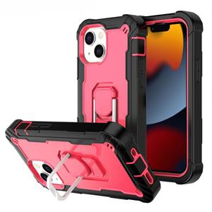 huismerk PC + Rubber 3-lagen schokbestendige beschermhoes met roterende houder voor iPhone 13 mini (zwart + rose rood)