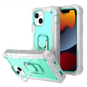 huismerk PC + Rubber 3-lagen schokbestendige beschermhoes met roterende houder voor iPhone 13 mini (grijs wit + muntgroen)