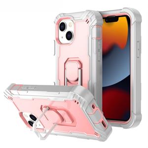 huismerk PC + Rubber 3-lagen schokbestendige beschermhoes met roterende houder voor iPhone 13 mini (grijs wit + rose goud)