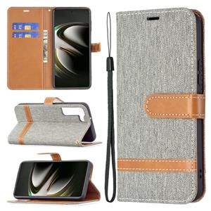 huismerk Voor Samsung Galaxy S22 5G Color Matching Denim Texture Lederen Case met Houder & Card Slots & Wallet & Lanyard