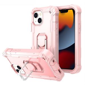 huismerk PC + Rubber 3-lagen schokbestendige beschermhoes met roterende houder voor iPhone 13 mini (rose goud)