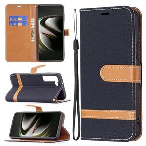 huismerk Voor Samsung Galaxy S22 5G Kleur Matching Denim Texture Lederen Case met Houder & Card Slots & Wallet & Lanyard (Black)