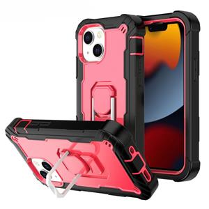 huismerk PC + Rubber 3-lagen schokbestendige beschermhoes met roterende houder voor iPhone 13 (zwart + rose rood)