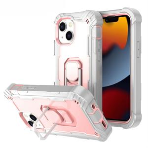 huismerk PC + Rubber 3-lagen schokbestendige beschermhoes met roterende houder voor iPhone 13 (grijs wit + rose goud)