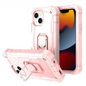 huismerk PC + Rubber 3-lagen schokbestendige beschermhoes met roterende houder voor iPhone 13 (ROSE GOUD)