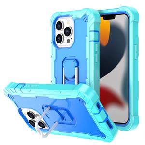 huismerk PC + Rubber 3-lagen schokbestendige beschermhoes met roterende houder voor iPhone 13 Pro (Mint Green + Blauw)