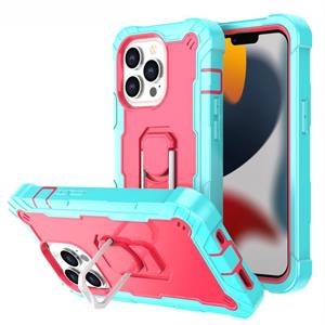 huismerk PC + Rubber 3-lagen schokbestendige beschermhoes met roterende houder voor iPhone 13 Pro (Mint Green + Rose Red)