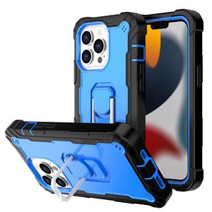 huismerk PC + Rubber 3-lagen schokbestendige beschermhoes met roterende houder voor iPhone 13 Pro (zwart + blauw)