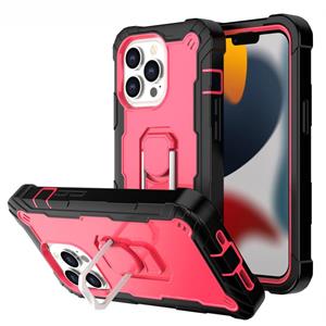 huismerk PC + Rubber 3-lagen schokbestendige beschermhoes met roterende houder voor iPhone 13 Pro (zwart + rose rood)