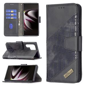 huismerk Voor Samsung Galaxy S22 Ultra 5G Matching Color Crocodile Textuur Lederen Telefoonhoesje Met Houder & Card Slots & Portemonnee (Zwart)