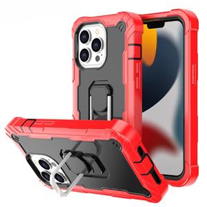 huismerk PC + Rubber 3-lagen schokbestendige beschermhoes met roterende houder voor iPhone 13 pro (rood + zwart)