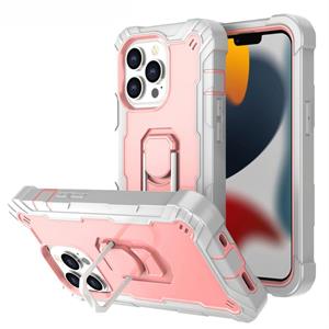 huismerk PC + Rubber 3-lagen schokbestendige beschermhoes met roterende houder voor iphone 13 pro (grijs wit + rose goud)