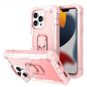 huismerk PC + Rubber 3-lagen schokbestendige beschermhoes met roterende houder voor iPhone 13 Pro (Rose Gold)