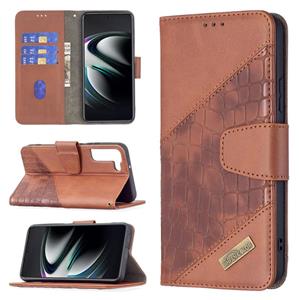 huismerk Voor Samsung Galaxy S22 + 5G Matching Color Crocodile Textuur Lederen Telefoonhoesje Met Houder & Card Slots & Portemonnee (Bruin)