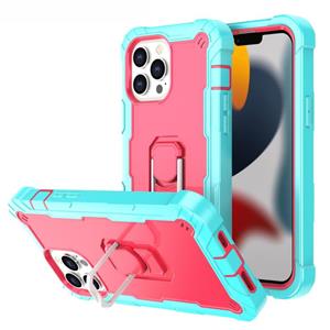 huismerk PC + Rubber 3-lagen schokbestendige beschermhoes met roterende houder voor iphone 13 pro max (mint groen + rose rood)