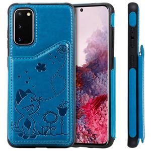 huismerk Voor Galaxy S20 Cat Bee Embossing Pattern Shockproof Protective Case met Card Slots & Photo Frame(Blauw)