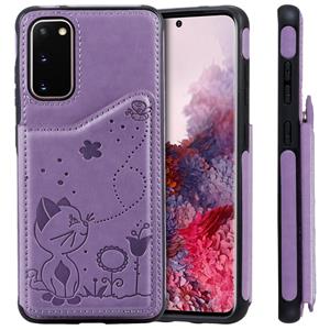 huismerk Voor Galaxy S20 Cat Bee Embossing Pattern Shockproof Protective Case met Card Slots & Photo Frame(Purple)