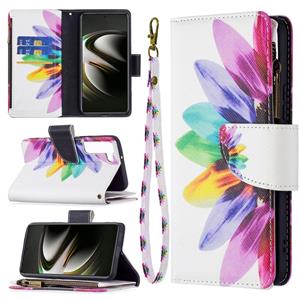 huismerk Voor Samsung Galaxy S22 5G Gekleurde Tekening Patroon Rits Horizontale Flip Telefoon Lederen Case met Houder & Kaart Slots & Portemonnee (Sun Flower)