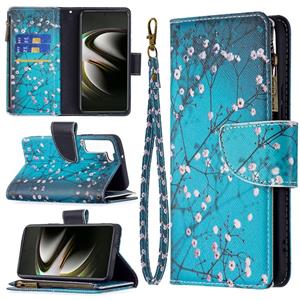 huismerk Voor Samsung Galaxy S22 5G Gekleurde Tekening Patroon Rits Horizontale Flip Telefoon Lederen Case met Houder & Card Slots & Wallet (Plum Blossom)