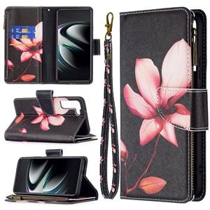 huismerk Voor Samsung Galaxy S22 + 5G Gekleurde Tekening Patroon Rits Horizontale Flip Telefoon Lederen Case met Houder & Card Slots & Portemonnee (Lotus)