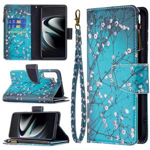 huismerk Voor Samsung Galaxy S22 + 5G Gekleurde Tekening Patroon Rits Horizontale Flip Telefoon Lederen Case met Houder & Card Slots & Portemonnee (Plum Blosso