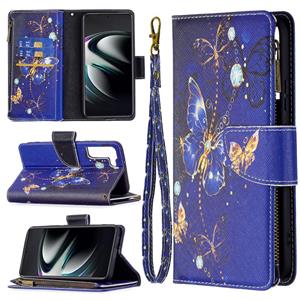 huismerk Voor Samsung Galaxy S22 + 5G Gekleurde Tekening Patroon Rits Horizontale Flip Telefoon Leren Case met Houder & Card Slots & Portemonnee (Purple Butter