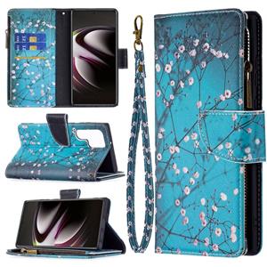 huismerk Voor Samsung Galaxy S22 Ultra 5G Gekleurde Tekening Patroon Rits Horizontale Flip Phone Lederen Case met Houder & Card Slots & Portemonnee (Plum Bloss