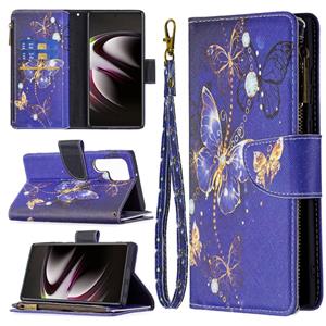 huismerk Voor Samsung Galaxy S22 Ultra 5G Gekleurde Tekening Patroon Rits Horizontale Flip Phone Lederen Case met Houder & Card Slots & Portemonnee (Purple But