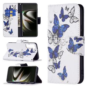 huismerk Voor Samsung Galaxy S22 5G Gekleurde Tekening Patroon Horizontale Flip Phone Lederen Case met Houder & Card Slots & Wallet (Blue Butterflies)